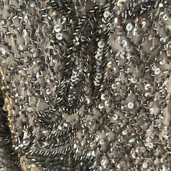 Worn 1 time-beige & gold beaded off the shoulder gown-smoke feee home - Picture 3 of 3